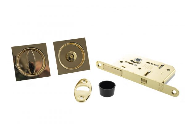 B046515003 AGB Sliding Door Bathroom Lock Set with Square Flush Handle - Polished Brass