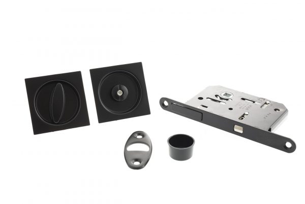 B046515093 AGB Sliding Door Bathroom Lock Set with Square Flush Handle - Matt Black