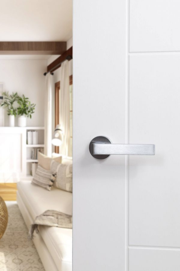 FMR254SC Forme Asti Lever Door Handle on Minimal Round Rose - Satin Chrome - Image 2