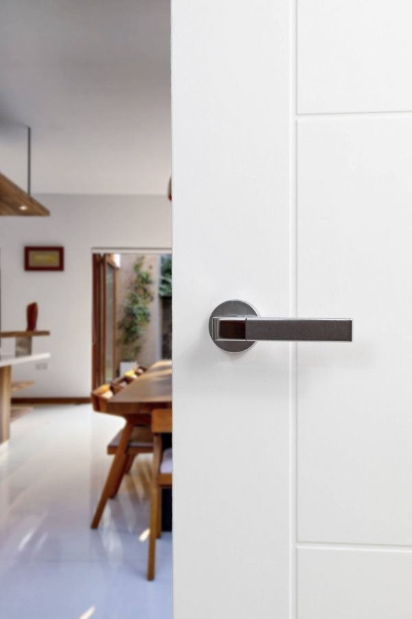 FMR255SCPC Forme Asti Lever Door Handle on Minimal Round Rose - Satin Chrome/Polished Chrome - Image 2