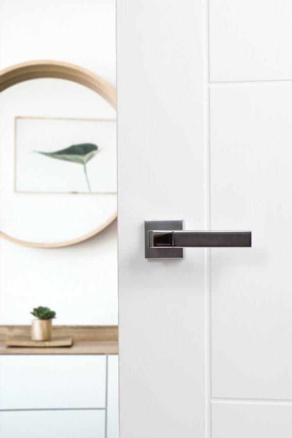 FMS255SCPC Forme Asti Lever Door Handle on Minimal Square Rose - Satin Chrome/Polished Chrome - Image 2