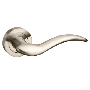 M86SN Mediterranean Barcelona Lever Door Handle on Round Rose - Satin Nickel