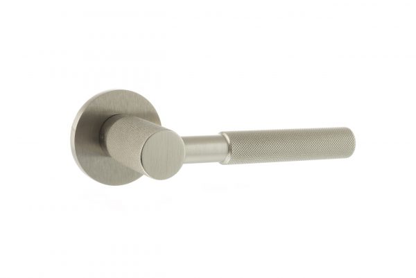MHSR500SN Millhouse Brass Mason Knurled Lever Door Handle on 5mm Slimline Round Rose - Satin Nickel