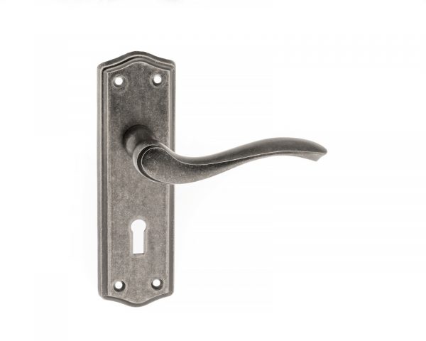 OE178KDS Old English Warwick Key Lever Door Handle on Backplate - Distressed Silver