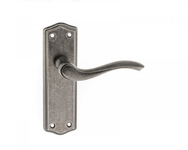 OE178LDS Old English Warwick Latch Lever Door Handle on Backplate - Distressed Silver
